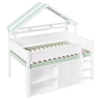 Lit mezzanine complet Luxystar avec toit en auvent rayé, étagères de rangement et armoire
