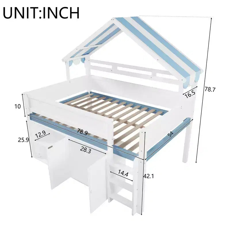 Lit mezzanine complet Luxystar avec toit en auvent rayé, étagères de rangement et armoire