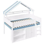 Lit mezzanine complet Luxystar avec toit en auvent rayé, étagères de rangement et armoire