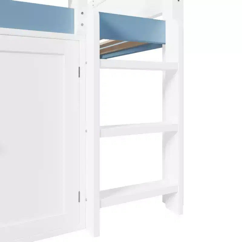 Lit mezzanine complet Luxystar avec toit en auvent rayé, étagères de rangement et armoire