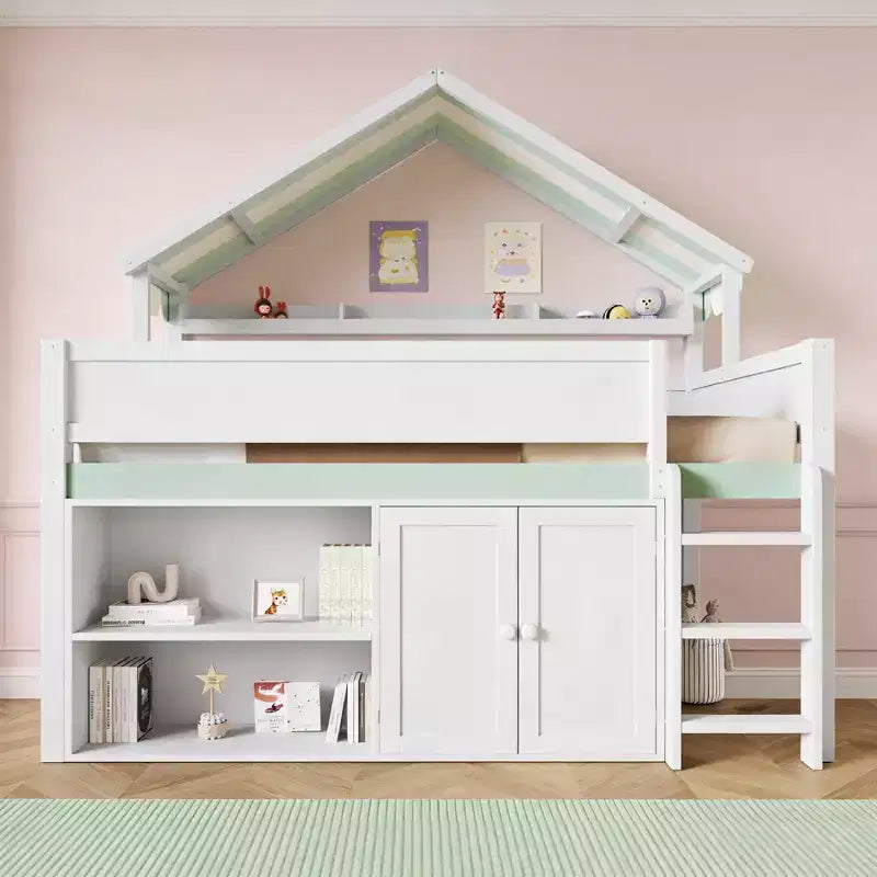 Lit mezzanine complet Luxystar avec toit en auvent rayé, étagères de rangement et armoire