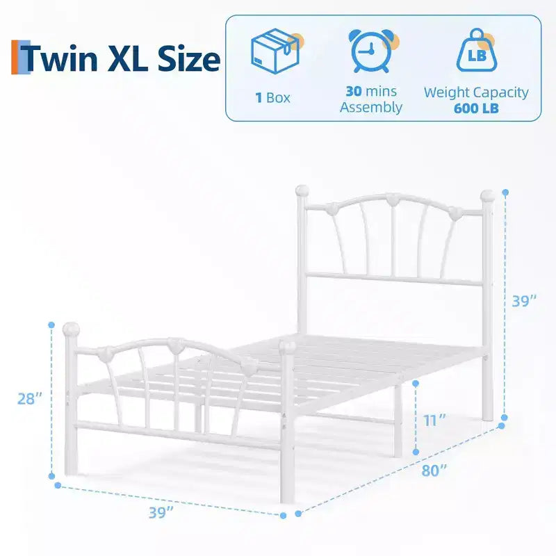 Cadre de lit en métal en forme de cœur avec tête de lit et pied de lit, design plateforme avec support à lattes solide et espace de rangement sous le lit pour chambre à coucher