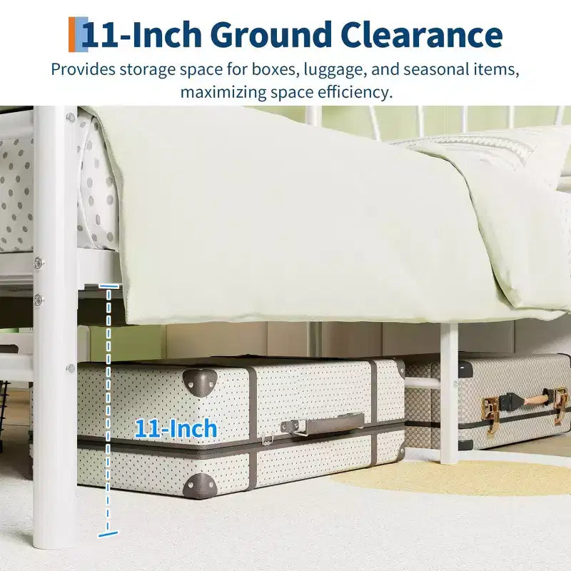 Cadre de lit en métal en forme de cœur avec tête de lit et pied de lit, design plateforme avec support à lattes solide et espace de rangement sous le lit pour chambre à coucher