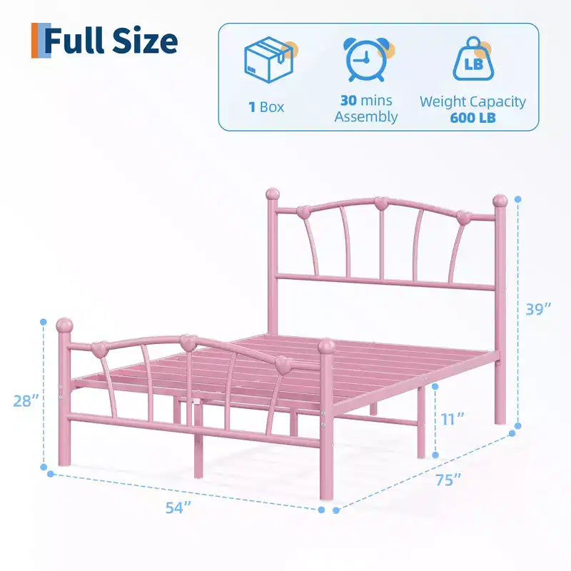 Cadre de lit en métal en forme de cœur avec tête de lit et pied de lit, design plateforme avec support à lattes solide et espace de rangement sous le lit pour chambre à coucher