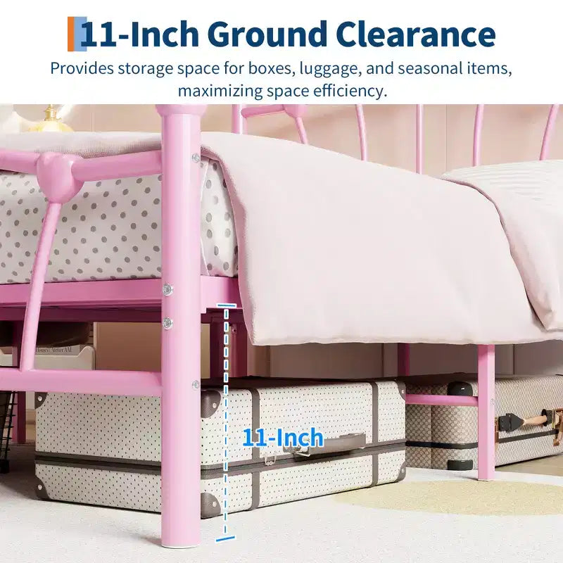 Cadre de lit en métal en forme de cœur avec tête de lit et pied de lit, design plateforme avec support à lattes solide et espace de rangement sous le lit pour chambre à coucher