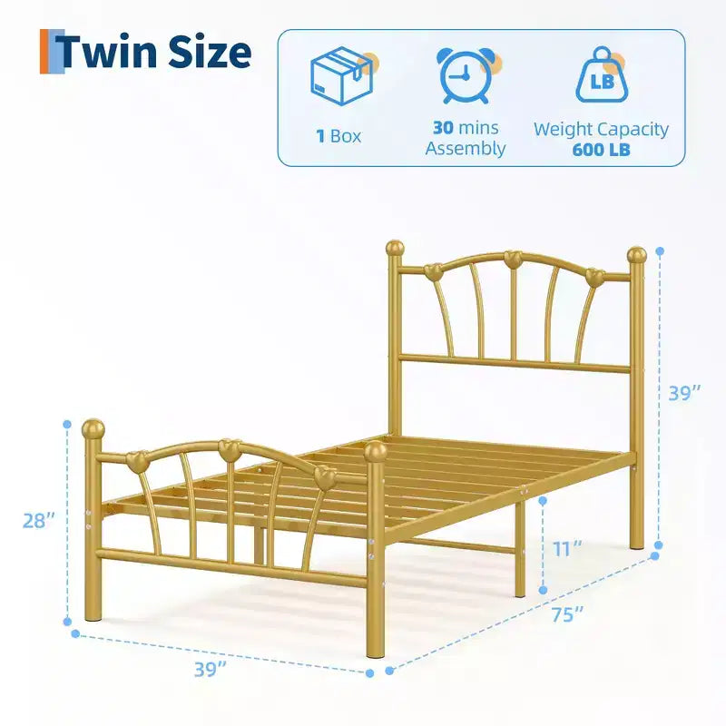 Cadre de lit en métal en forme de cœur avec tête de lit et pied de lit, design plateforme avec support à lattes solide et espace de rangement sous le lit pour chambre à coucher