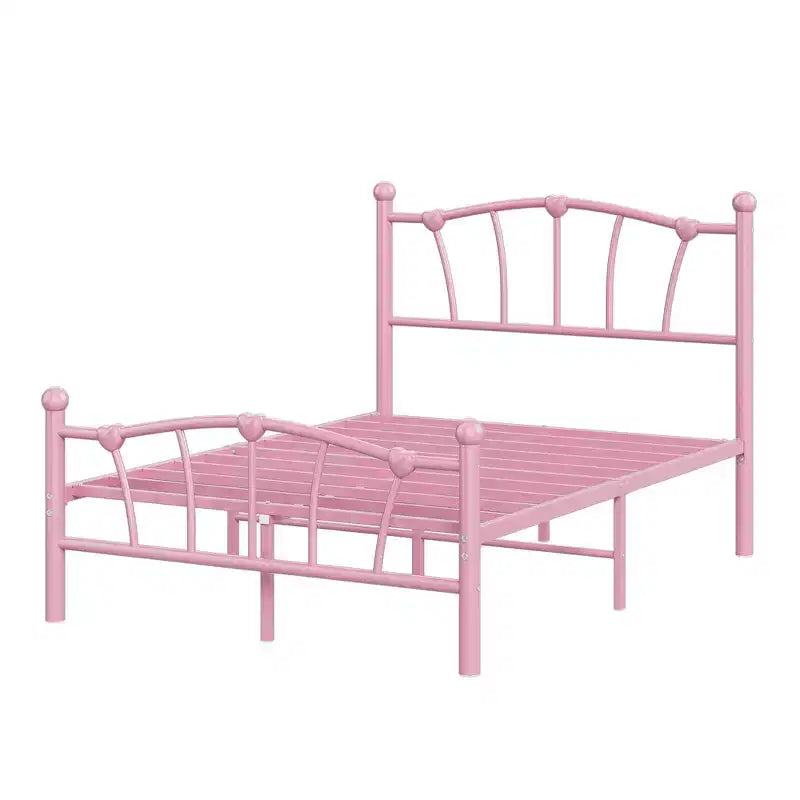 Cadre de lit en métal en forme de cœur avec tête de lit et pied de lit, design plateforme avec support à lattes solide et espace de rangement sous le lit pour chambre à coucher