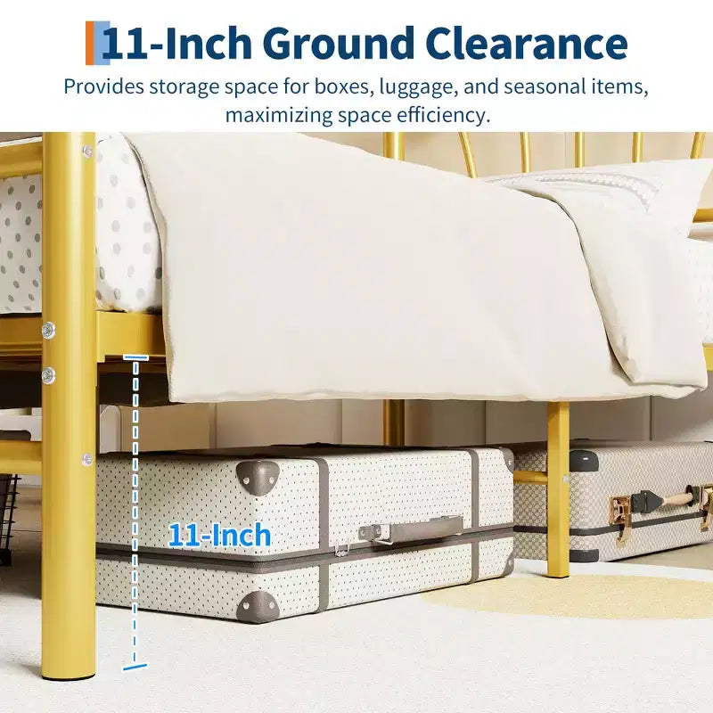 Cadre de lit en métal en forme de cœur avec tête de lit et pied de lit, design plateforme avec support à lattes solide et espace de rangement sous le lit pour chambre à coucher
