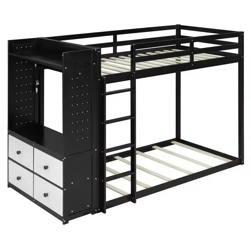 Lit superposé double Whisen avec 4 tiroirs de rangement, tringle à vêtements, étagères intégrées et deux panneaux perforés