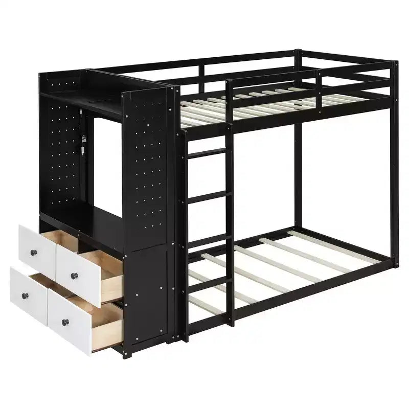 Lit superposé double Whisen avec 4 tiroirs de rangement, tringle à vêtements, étagères intégrées et deux panneaux perforés