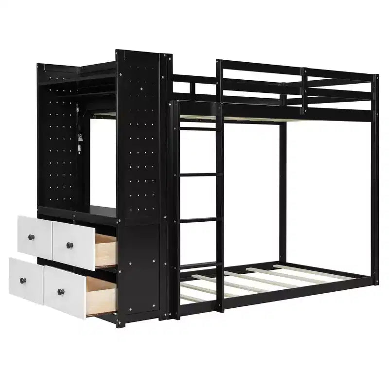 Lit superposé double Whisen avec 4 tiroirs de rangement, tringle à vêtements, étagères intégrées et deux panneaux perforés
