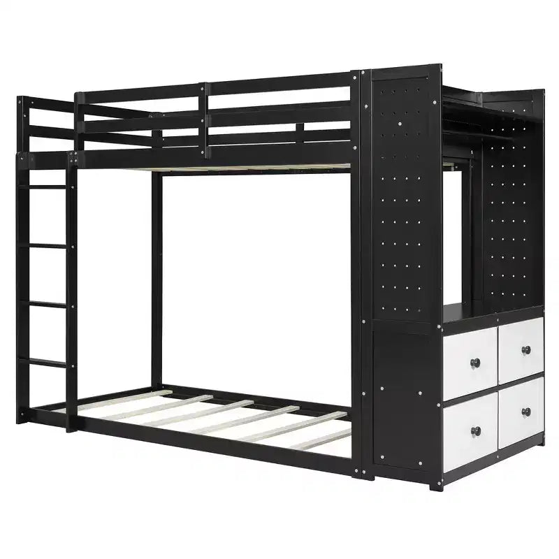 Lit superposé double Whisen avec 4 tiroirs de rangement, tringle à vêtements, étagères intégrées et deux panneaux perforés