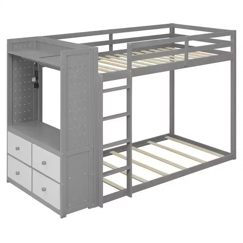 Lit superposé double Whisen avec 4 tiroirs de rangement, tringle à vêtements, étagères intégrées et deux panneaux perforés