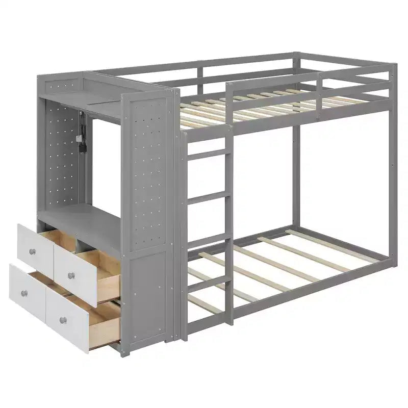 Lit superposé double Whisen avec 4 tiroirs de rangement, tringle à vêtements, étagères intégrées et deux panneaux perforés