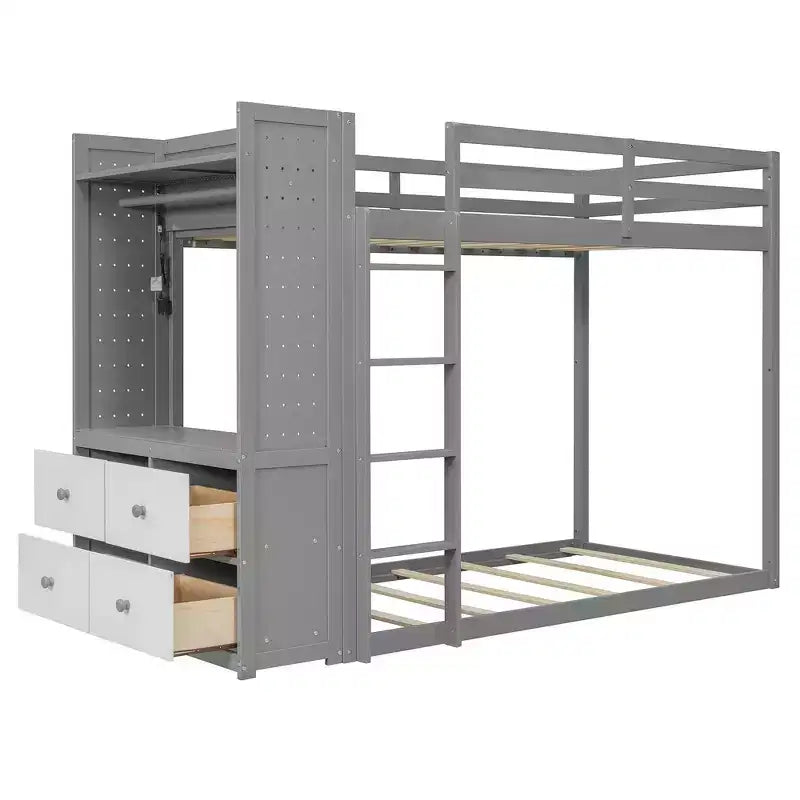 Lit superposé double Whisen avec 4 tiroirs de rangement, tringle à vêtements, étagères intégrées et deux panneaux perforés