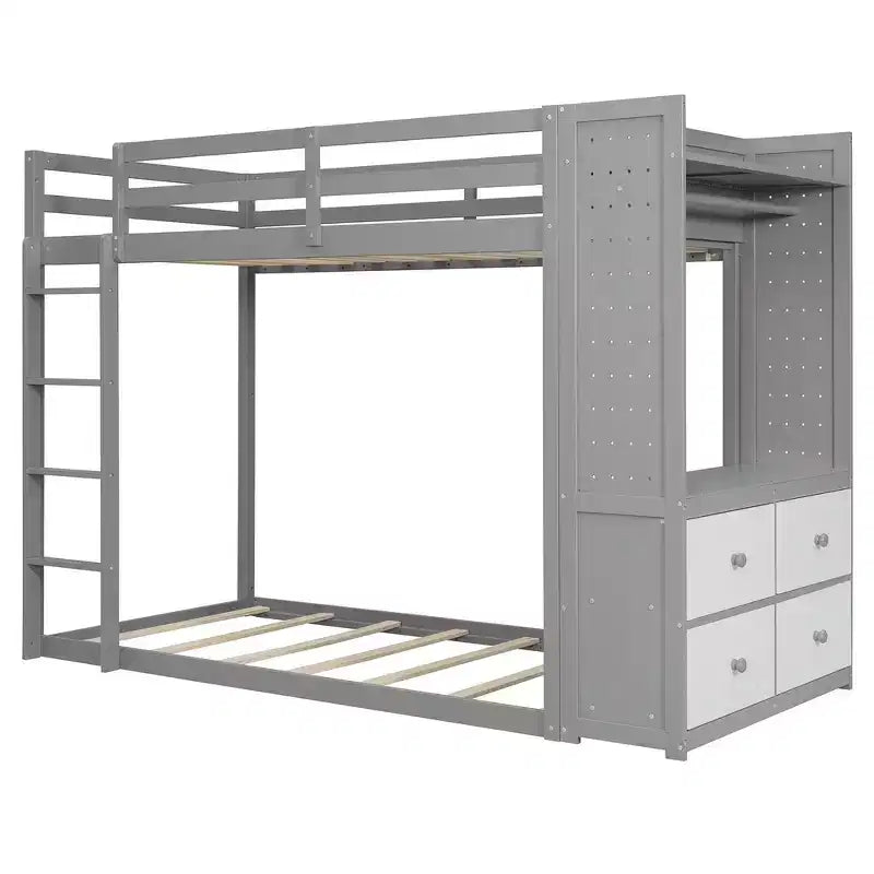 Lit superposé double Whisen avec 4 tiroirs de rangement, tringle à vêtements, étagères intégrées et deux panneaux perforés
