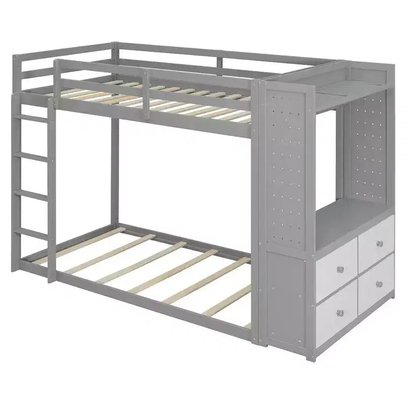 Lit superposé double Whisen avec 4 tiroirs de rangement, tringle à vêtements, étagères intégrées et deux panneaux perforés