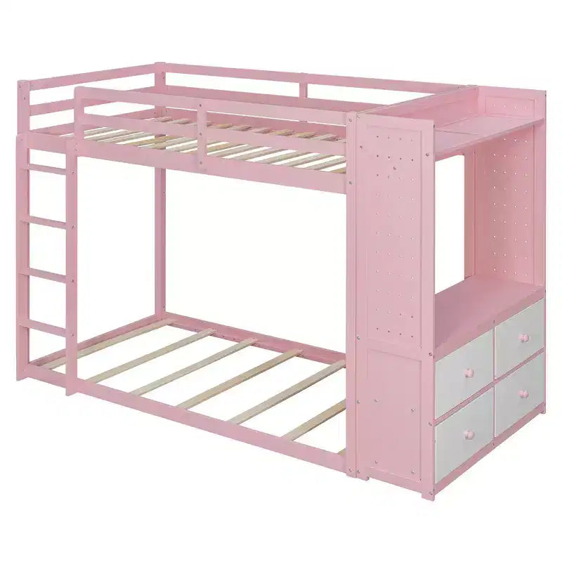 Lit superposé double Whisen avec 4 tiroirs de rangement, tringle à vêtements, étagères intégrées et deux panneaux perforés