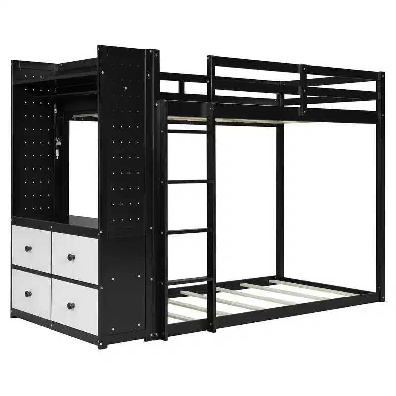 Lit superposé double Whisen avec 4 tiroirs de rangement, tringle à vêtements, étagères intégrées et deux panneaux perforés