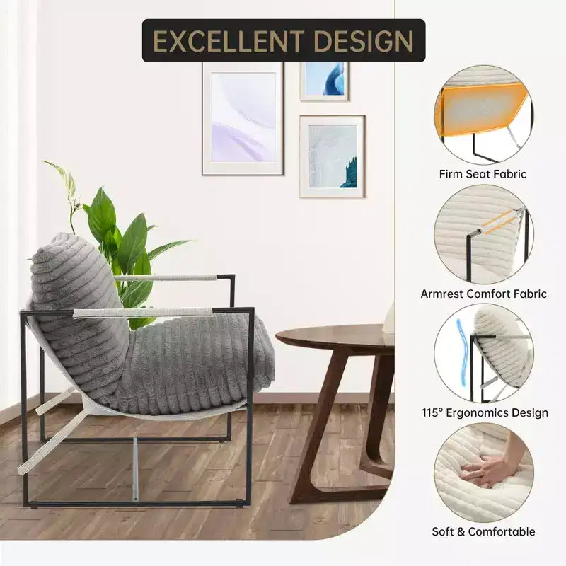 Fauteuil d'appoint moderne Sling – Fauteuil de salon rembourré en mousse déchiquetée pour le salon, la chambre et la lecture au bureau