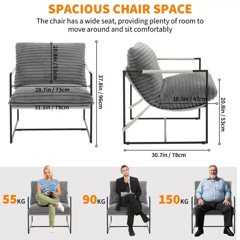 Fauteuil d'appoint moderne Sling – Fauteuil de salon rembourré en mousse déchiquetée pour le salon, la chambre et la lecture au bureau