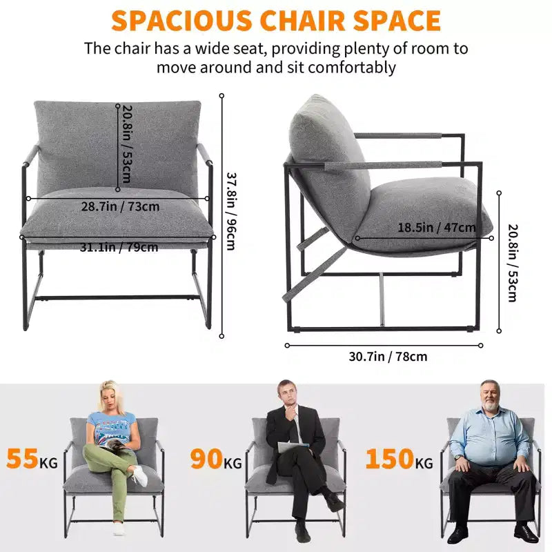 Fauteuil d'appoint moderne Sling – Fauteuil de salon rembourré en mousse déchiquetée pour le salon, la chambre et la lecture au bureau