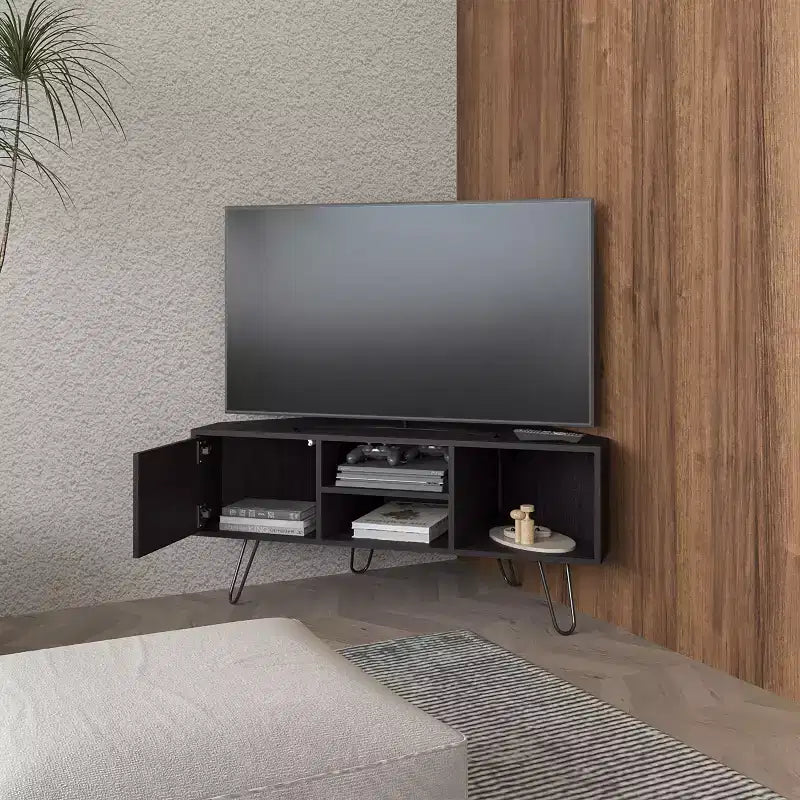 Meuble TV moderne JVNOXK 65 pouces avec portes et espace de rangement ouvert, surface résistante aux rayures, équipé d'élégants pieds épingle, marron