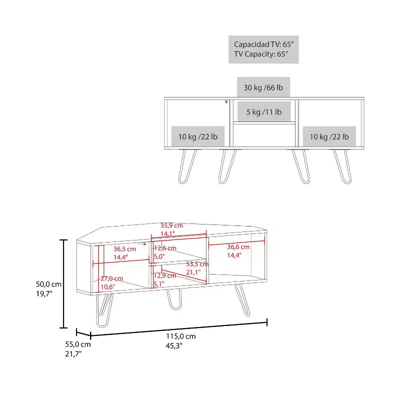 Meuble TV moderne JVNOXK 65 pouces avec portes et espace de rangement ouvert, surface résistante aux rayures, équipé d'élégants pieds épingle, marron