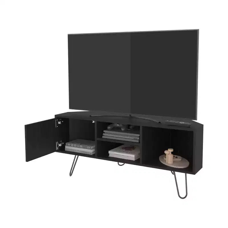Meuble TV moderne JVNOXK 65 pouces avec portes et espace de rangement ouvert, surface résistante aux rayures, équipé d'élégants pieds épingle, marron