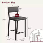 Tabourets de bar à hauteur de comptoir en cuir PU - Lot de 2 - Avec dossier, repose-pieds, coussin épais - Noir - Pour salle à manger, îlot de cuisine, bar d'appartement