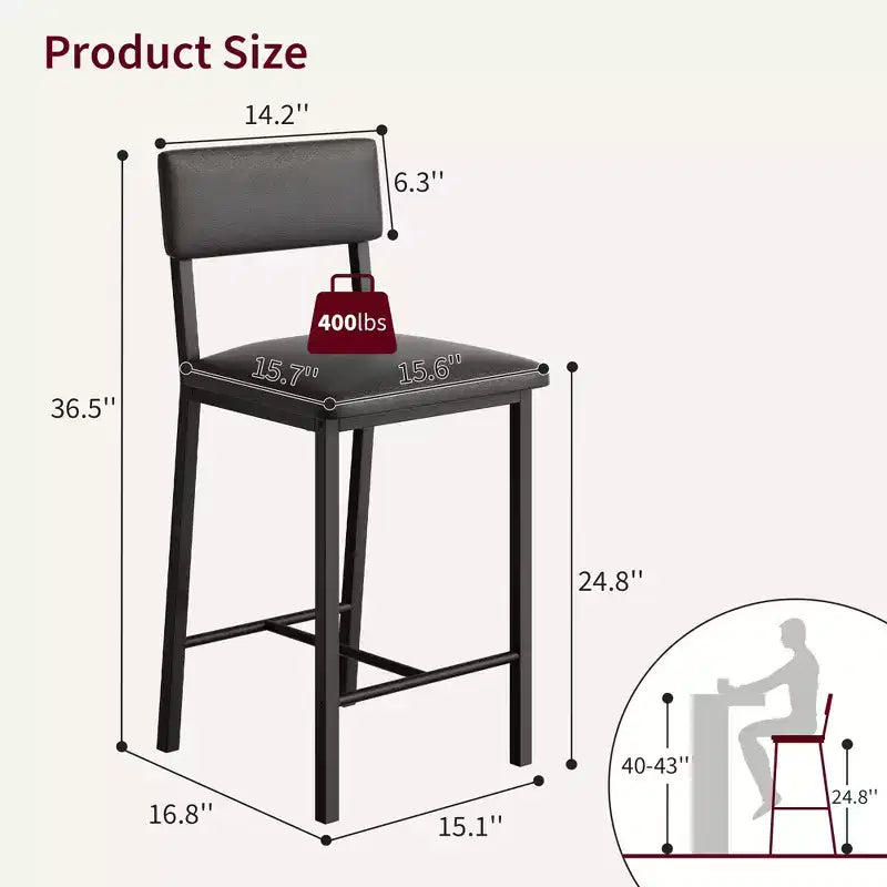 Tabourets de bar à hauteur de comptoir en cuir PU - Lot de 2 - Avec dossier, repose-pieds, coussin épais - Noir - Pour salle à manger, îlot de cuisine, bar d'appartement