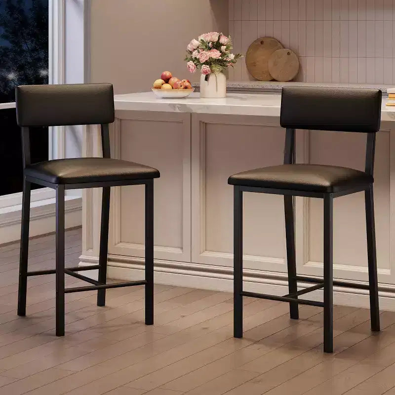 Tabourets de bar à hauteur de comptoir en cuir PU - Lot de 2 - Avec dossier, repose-pieds, coussin épais - Noir - Pour salle à manger, îlot de cuisine, bar d'appartement