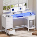 Bureau d'ordinateur blanc de 47 pouces avec station de charge, bureau de jeu réversible, lumières LED, tiroirs en tissu, table d'écriture de rangement pour bureau à domicile, chambre à coucher, étude
