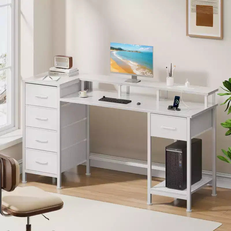 Bureau d'ordinateur blanc de 47 pouces avec station de charge, bureau de jeu réversible, lumières LED, tiroirs en tissu, table d'écriture de rangement pour bureau à domicile, chambre à coucher, étude