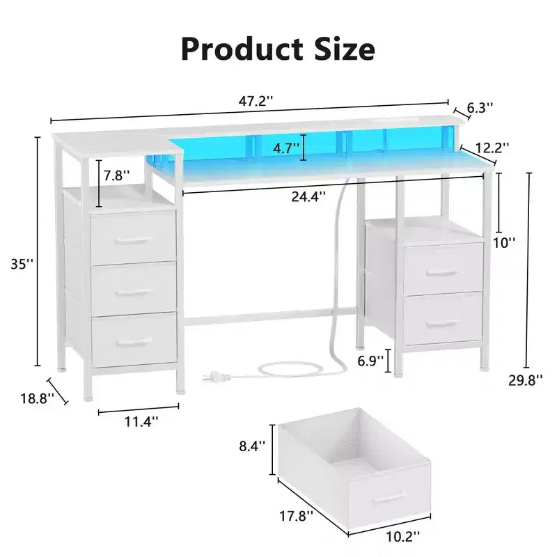 Bureau d'ordinateur blanc de 47 pouces avec station de charge, bureau de jeu réversible, lumières LED, tiroirs en tissu, table d'écriture de rangement pour bureau à domicile, chambre à coucher, étude