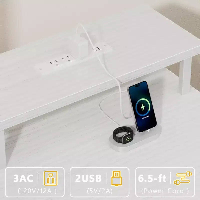 Bureau d'ordinateur blanc de 47 pouces avec station de charge, bureau de jeu réversible, lumières LED, tiroirs en tissu, table d'écriture de rangement pour bureau à domicile, chambre à coucher, étude