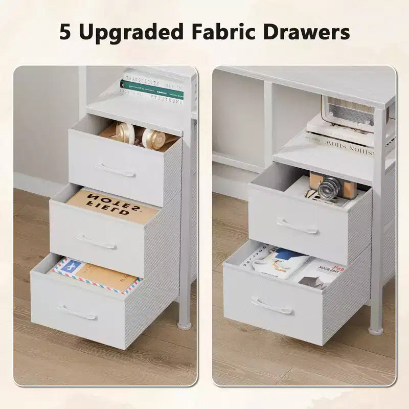 Bureau d'ordinateur blanc de 47 pouces avec station de charge, bureau de jeu réversible, lumières LED, tiroirs en tissu, table d'écriture de rangement pour bureau à domicile, chambre à coucher, étude