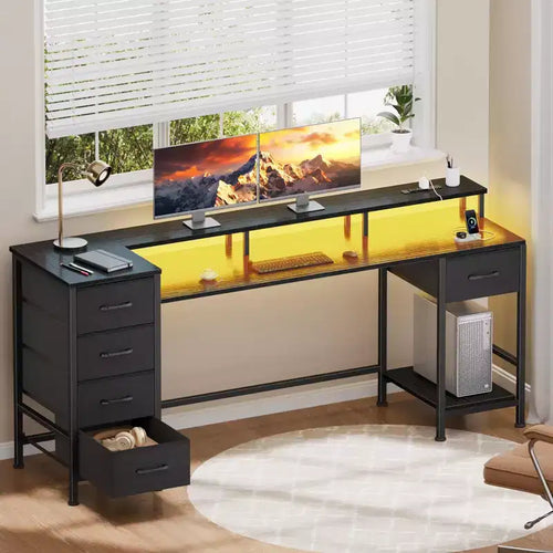 61 Inch Black Computer Desk with Charging Station Gaming Desk LED Lights Reversible 5 Fabric Drawers Home Office Writing Table Study Storage