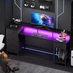 Bureau informatique noir de 61 pouces avec station de recharge, bureau de jeu avec lumières LED, réversible, 5 tiroirs en tissu, table d'écriture pour bureau à domicile, rangement pour les études