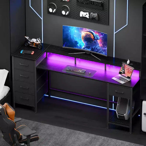 Bureau informatique noir de 61 pouces avec station de recharge, bureau de jeu avec lumières LED, réversible, 5 tiroirs en tissu, table d'écriture pour bureau à domicile, rangement pour les études