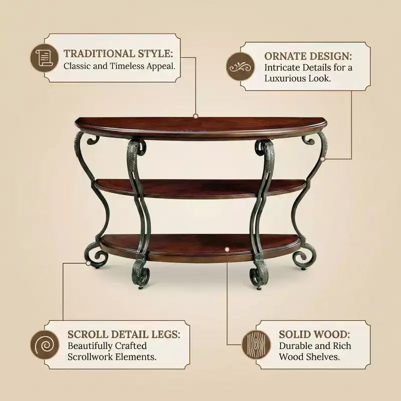 Console en bois massif GDFStudio Nelly de style traditionnel avec étagère ouverte et pieds en métal à volutes ornementales