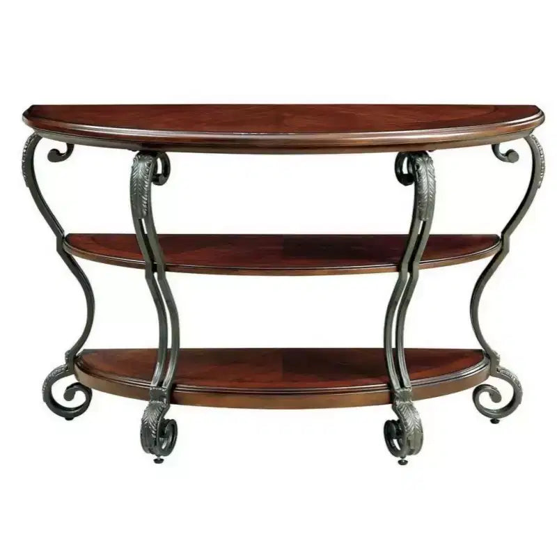 Console en bois massif GDFStudio Nelly de style traditionnel avec étagère ouverte et pieds en métal à volutes ornementales