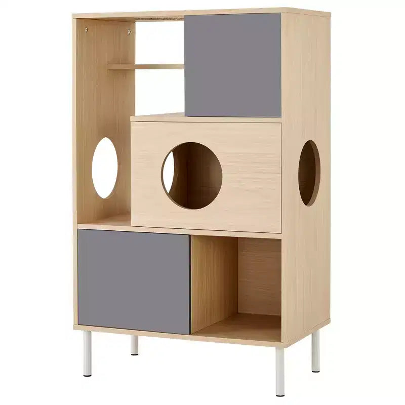 JVNOXK Arbre à chat et meuble d'appoint moderne 2 en 1, étagère en bois avec enclos pour litière, cadre d'escalade pour chat avec espace de rangement caché