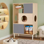 JVNOXK Arbre à chat et meuble d'appoint moderne 2 en 1, étagère en bois avec enclos pour litière, cadre d'escalade pour chat avec espace de rangement caché