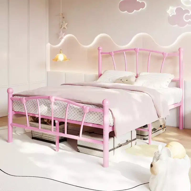Cadre de Lit en Métal avec Tête de Lit en Forme de Cœur Charmant, Plateforme Robuste, Rangement Sous le Lit, Pas Besoin de Sommier, Parfait pour Chambre d'Enfant et de Fille