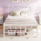 Cadre de Lit en Métal avec Tête de Lit en Forme de Cœur Charmant, Plateforme Robuste, Rangement Sous le Lit, Pas Besoin de Sommier, Parfait pour Chambre d'Enfant et de Fille