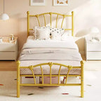 Cadre de Lit en Métal avec Tête de Lit en Forme de Cœur Charmant, Plateforme Robuste, Rangement Sous le Lit, Pas Besoin de Sommier, Parfait pour Chambre d'Enfant et de Fille