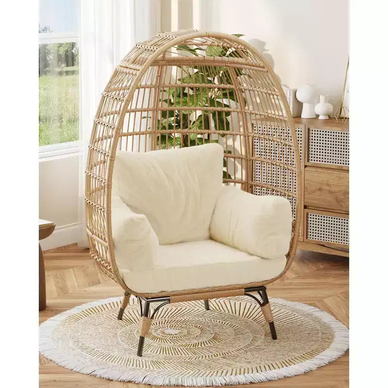 Fauteuil œuf en osier surdimensionné, chaise longue de patio en osier confortable avec cadre robuste, design moderne en forme d'œuf