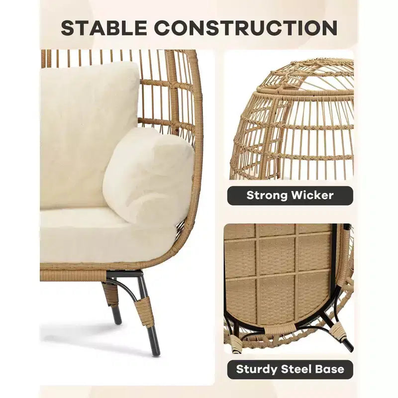 Fauteuil œuf en osier surdimensionné, chaise longue de patio en osier confortable avec cadre robuste, design moderne en forme d'œuf