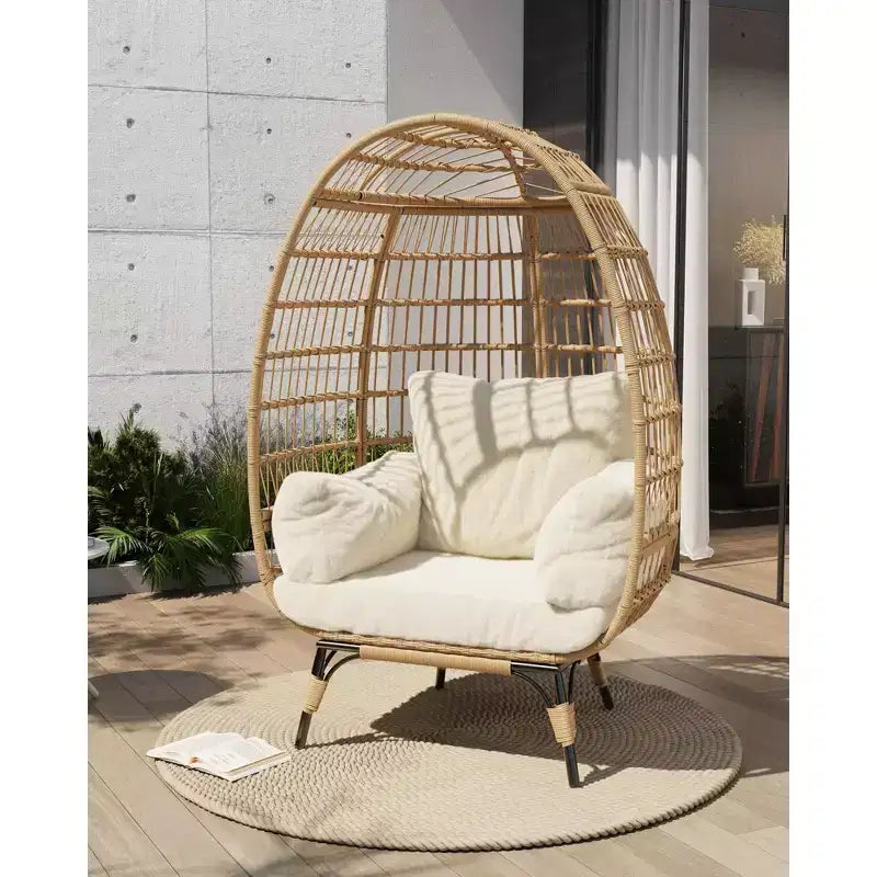 Fauteuil œuf en osier surdimensionné, chaise longue de patio en osier confortable avec cadre robuste, design moderne en forme d'œuf